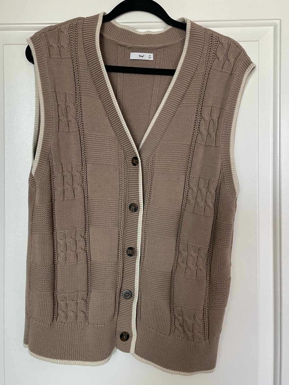 Aritzia TNA Taupe Knit Button-Up Sleeveless Cardigan with Cream Trim Medium